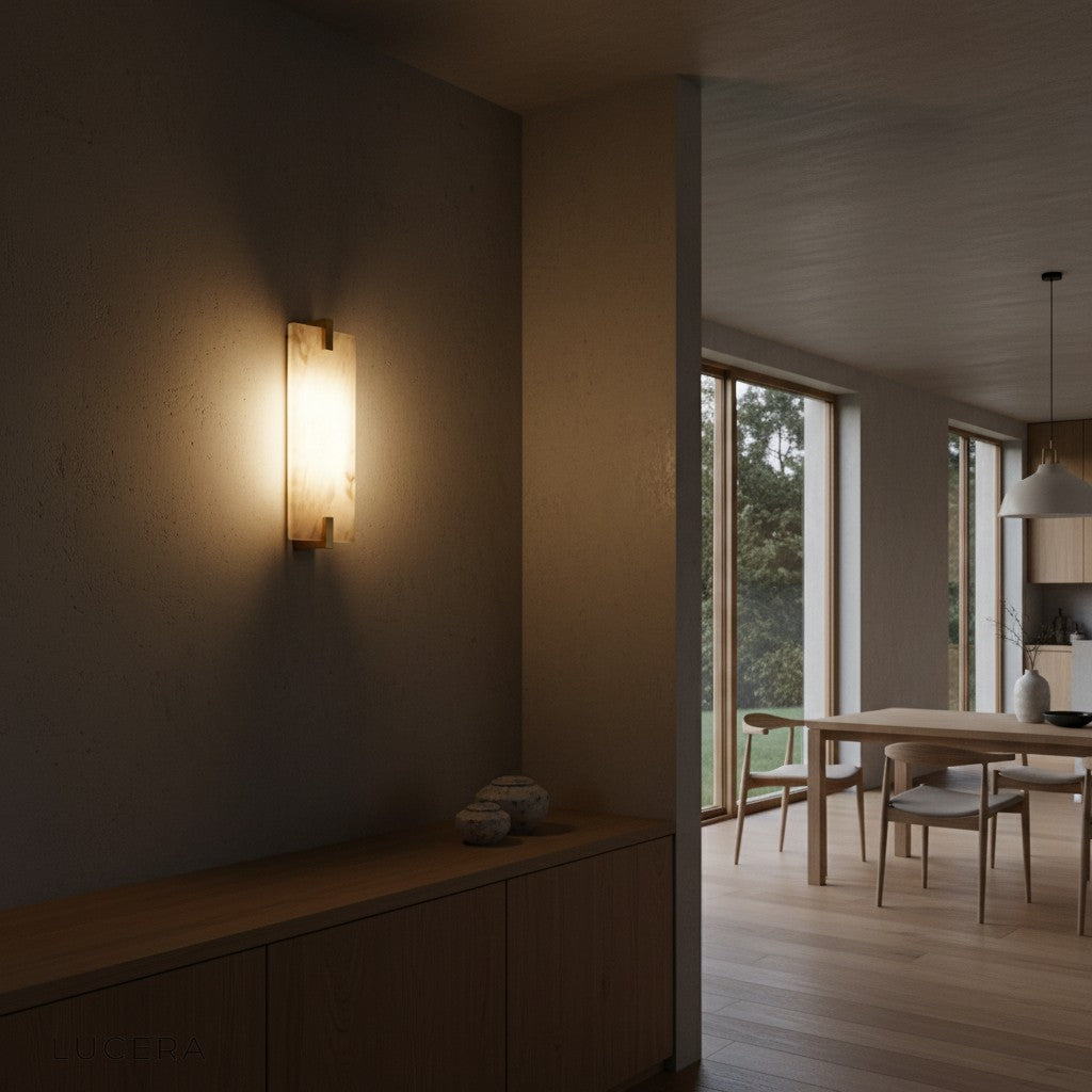 Nighttime lifestyle shot of marble wall lamp casting inviting light in hallway