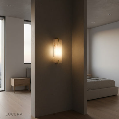 Finesse Splendor marble and copper wall lamp as sculptural accent in minimalist lounge