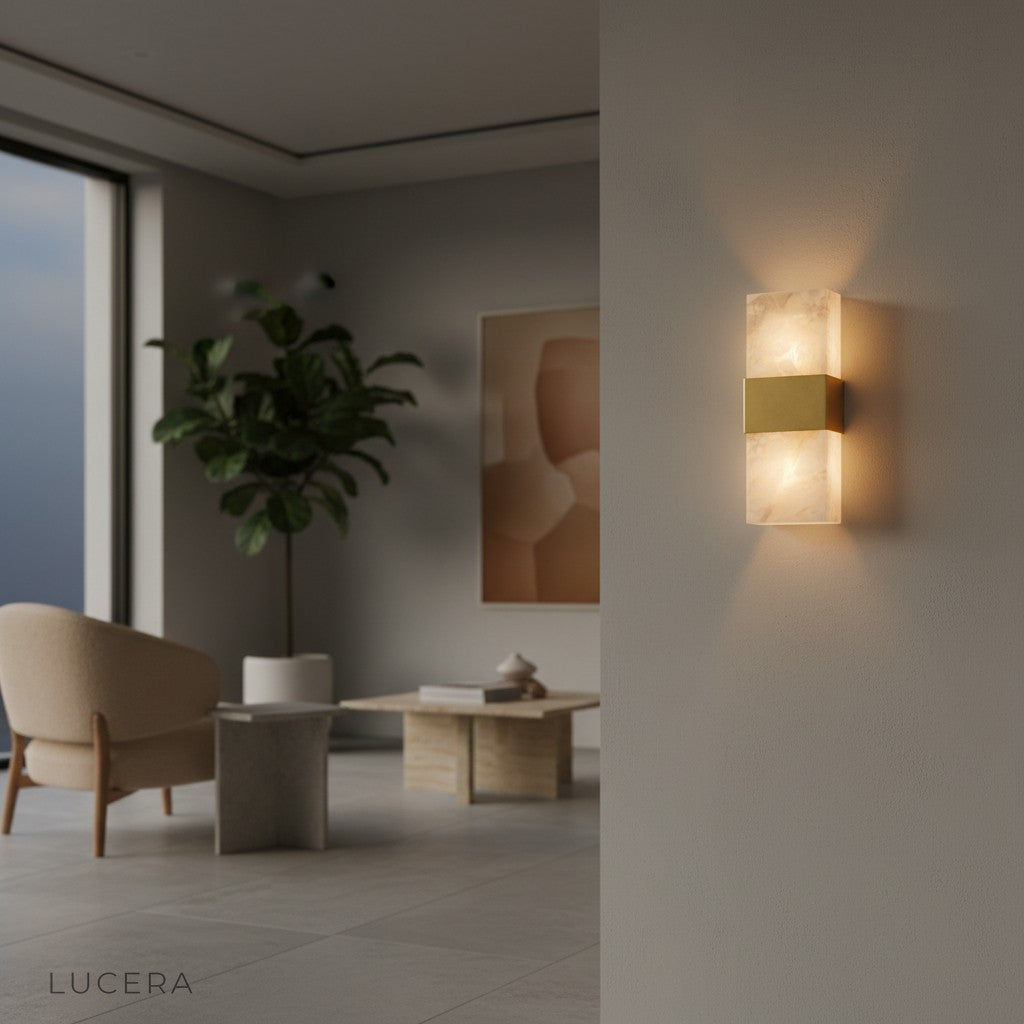 postmodern copper and marble wall light illuminating dark hallway at night
