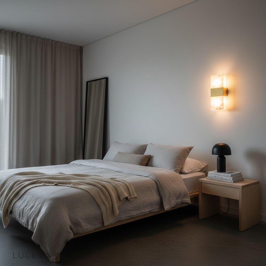 sculptural marble wall lamp above bedside table in serene bedroom setting