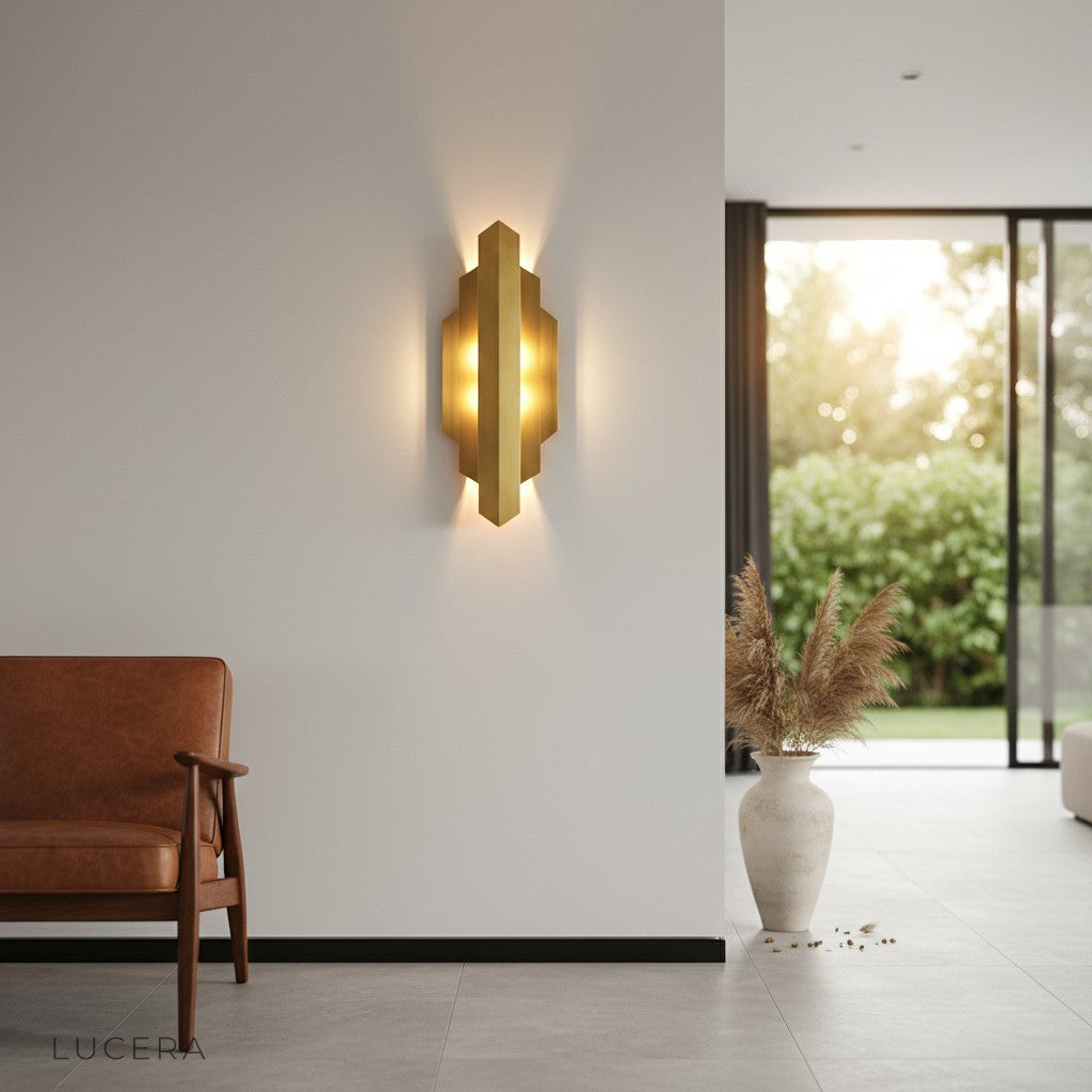 Jetee copper wall sconce mounted above modern bed in bedroom with soft evening light