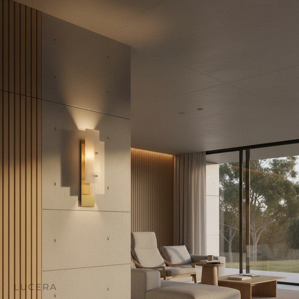 largeur marble lamp casting soft glow in minimalist lounge