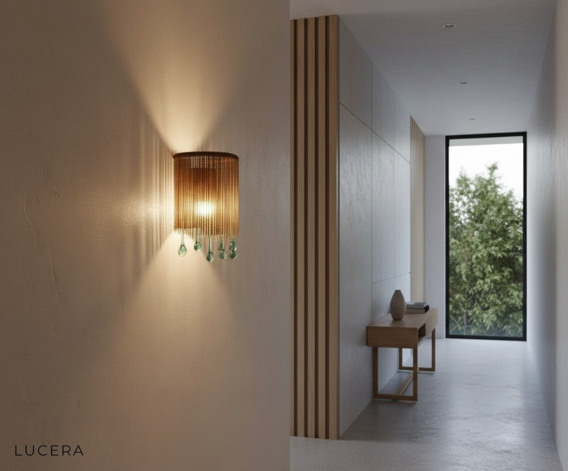 Mesure wall sconce with cool LED light in modern hallway, vintage aluminum finish