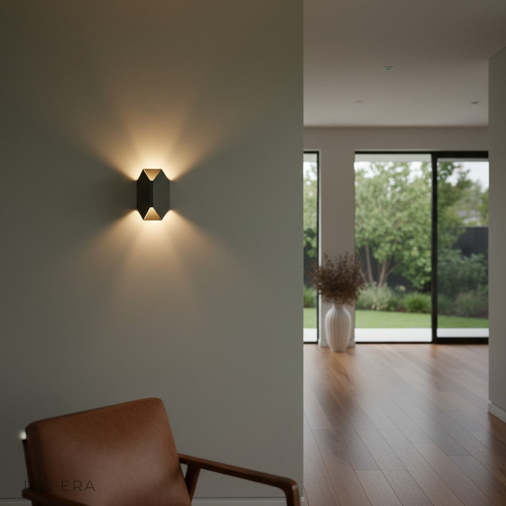 Nappe wall lamp in black finish mounted on minimalist bedroom wall