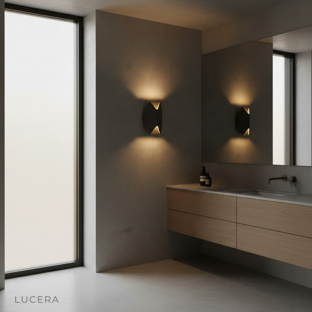 Nappe geometric wall lamp in bathroom with IP44 waterproof rating near mirror