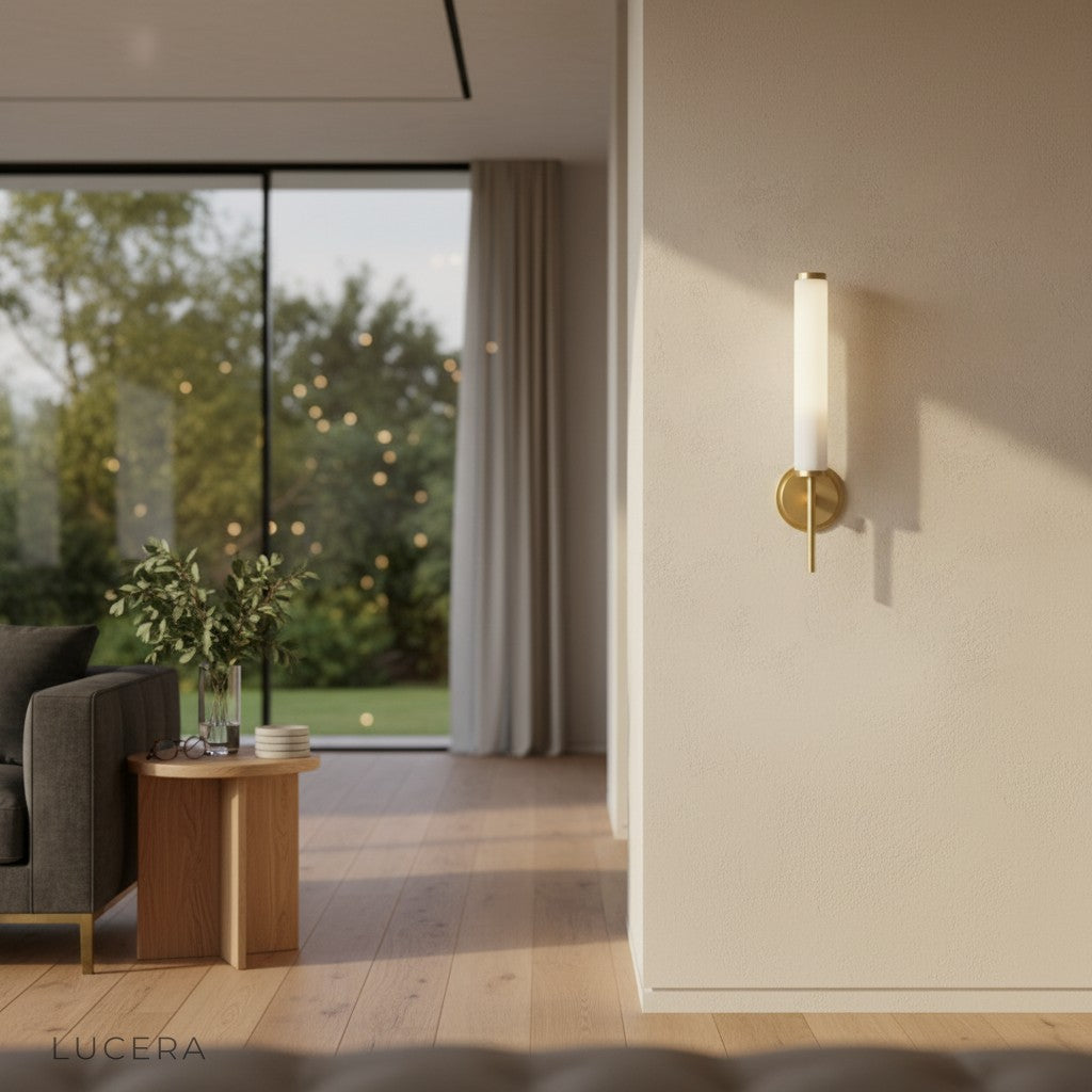 cool white light setting on copper marble wall sconce against neutral wall