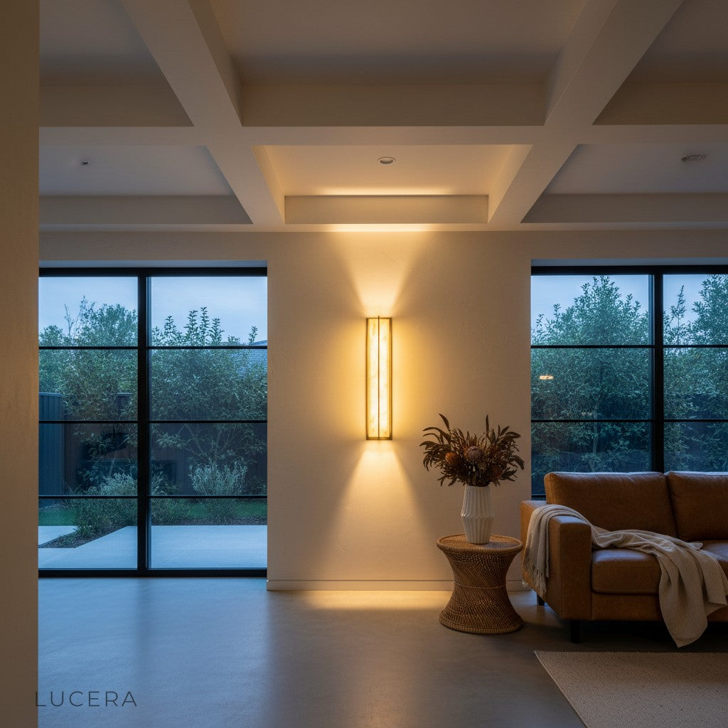 serene terrace corner with the marble lamp above a minimalist lounge chair