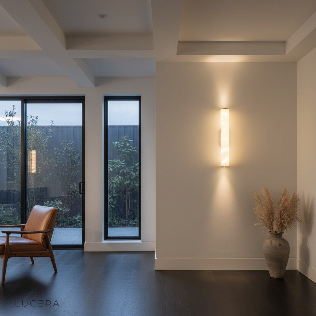 Rafale marble sconce in elegant dining room corner with warm ambient lighting