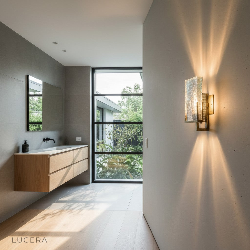 lifestyle shot of ice piece wall lamp above sofa with bookshelf and warm decor