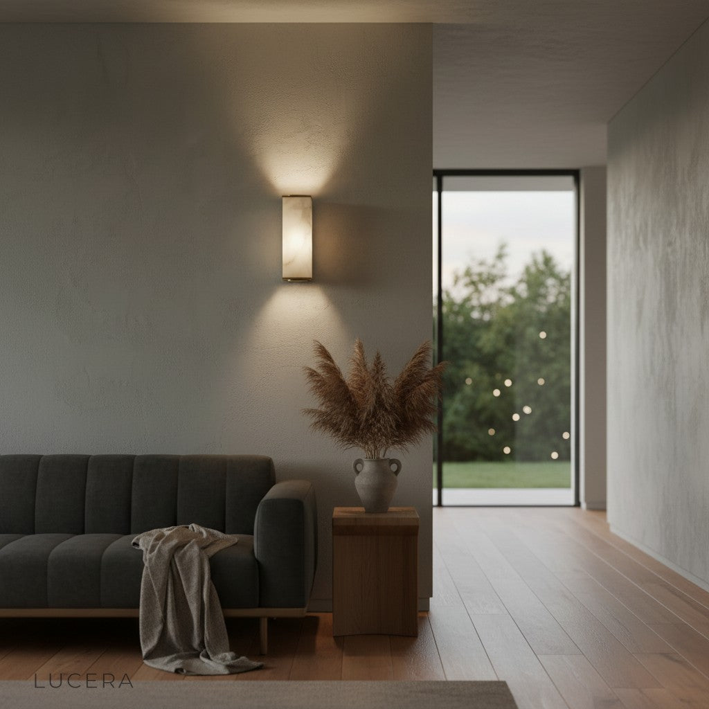 Marble wall lamp mounted above a bedside table with soft evening ambiance