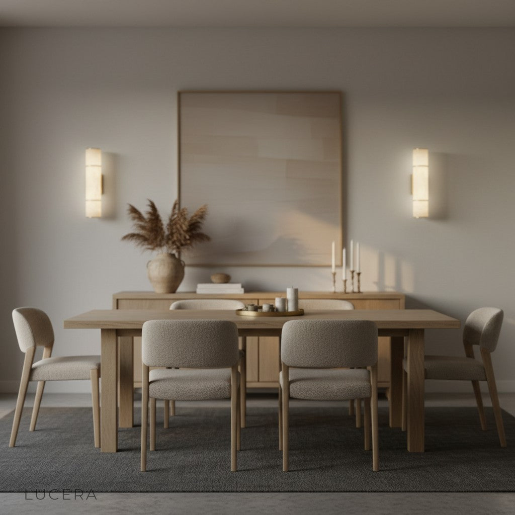 large Vague marble wall lamp as sculptural focal point above a minimalist fireplace mantel