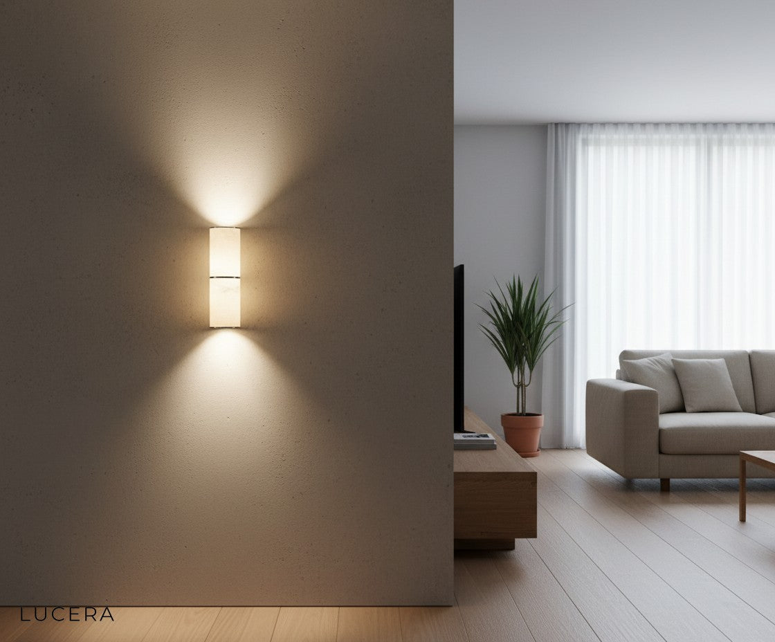 nighttime ambient shot of Vague marble lamp casting soft shadows in a serene bedroom corner