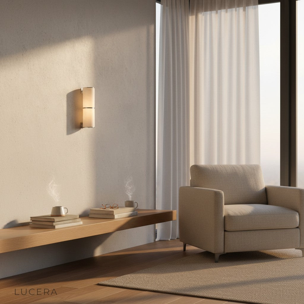 Vague marble wall lamp glowing beside a velvet sofa in a luxurious living room at dusk