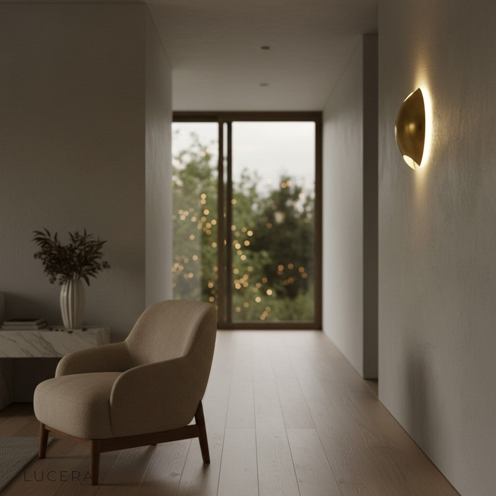Semi sphere wall lamp with warm light in a cozy hallway accent lighting setup