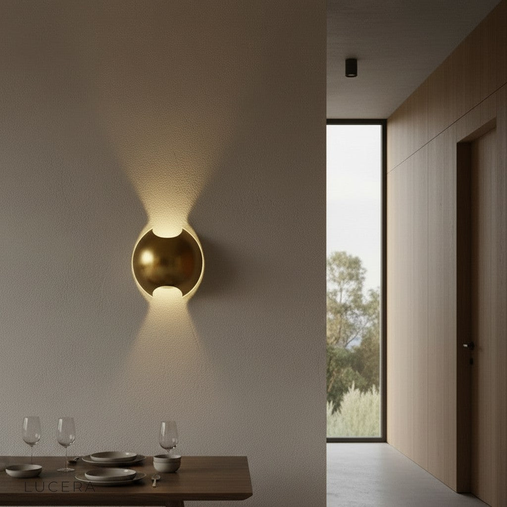 Wenge semi sphere lamp as elegant accent light beside abstract art in lounge