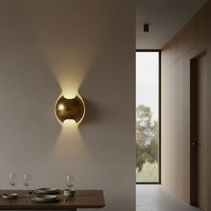Wenge semi sphere lamp as elegant accent light beside abstract art in lounge