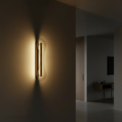 spire glass wall lamp in industrial style loft with brick wall and warm lighting