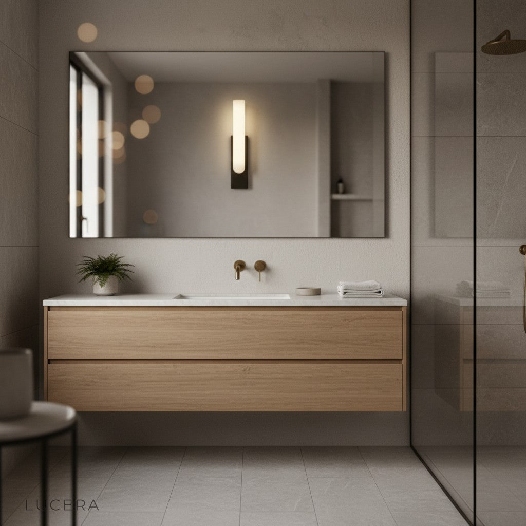 Contemporary marble wall fixture paired with wooden furniture and plants