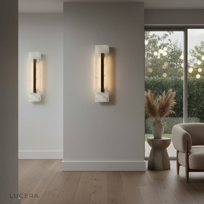 Close-up of Chinese marble texture and brushed iron finish on Portico Neo wall light