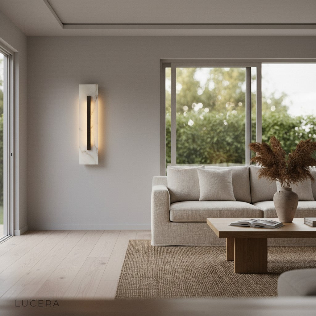 Elegant hallway installation of Lucera marble wall sconce casting soft shadows on neutral wall