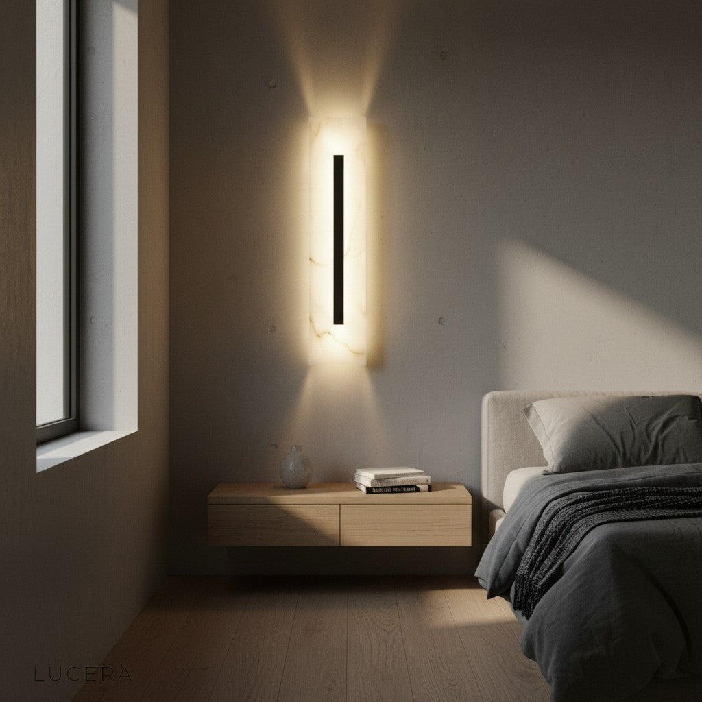 Marble wall lamp paired with modern decor in a stylish entryway, iron frame and warm light