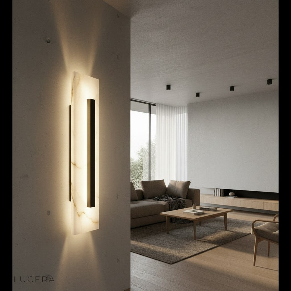 Portico Neo wall sconce glowing in a dimly lit lounge, highlighting marble veining and craftsmanship