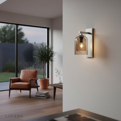 cool white LED version of Scandinavian wall lamp brightening a modern hallway entryway