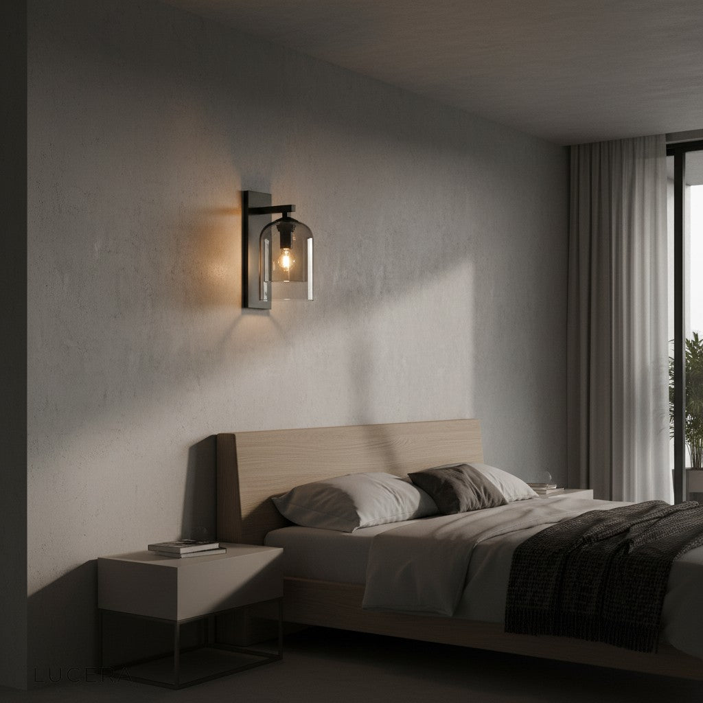 dusk scene showing dome wall lamp illuminating cozy dining corner with soft inviting atmosphere