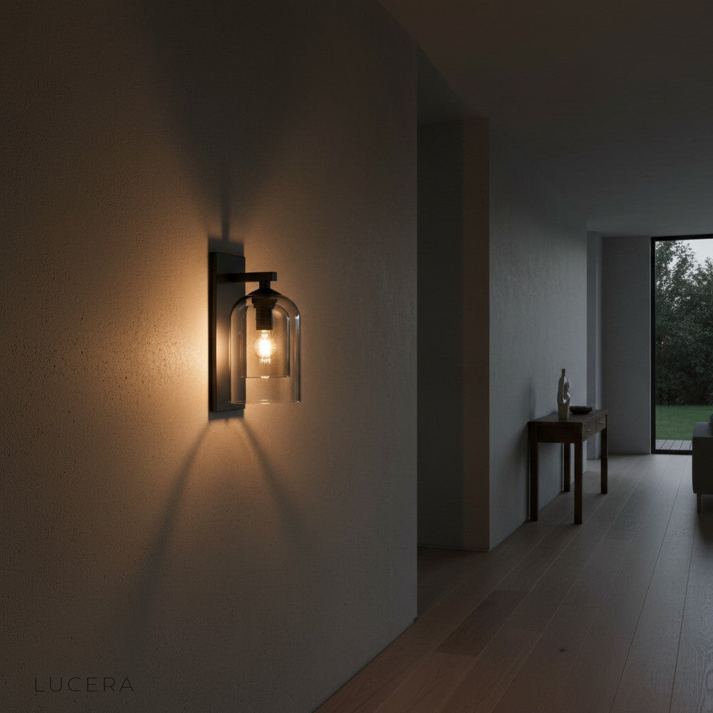 Scandinavian wall fixture with premium glass shade enhancing modern office lounge at evening