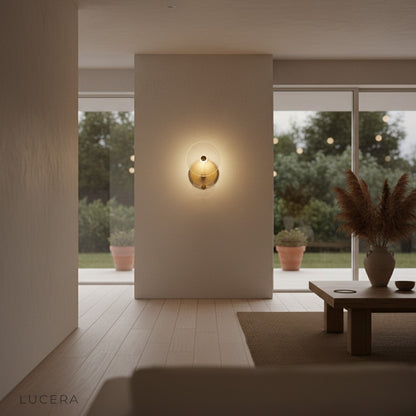 circle shaped wall lamp with warm ambient glow in cozy bedroom setting