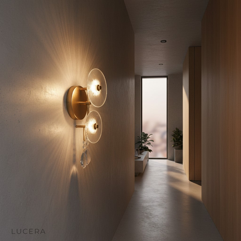 modern crystal wall light in contemporary dining room with soft evening illumination