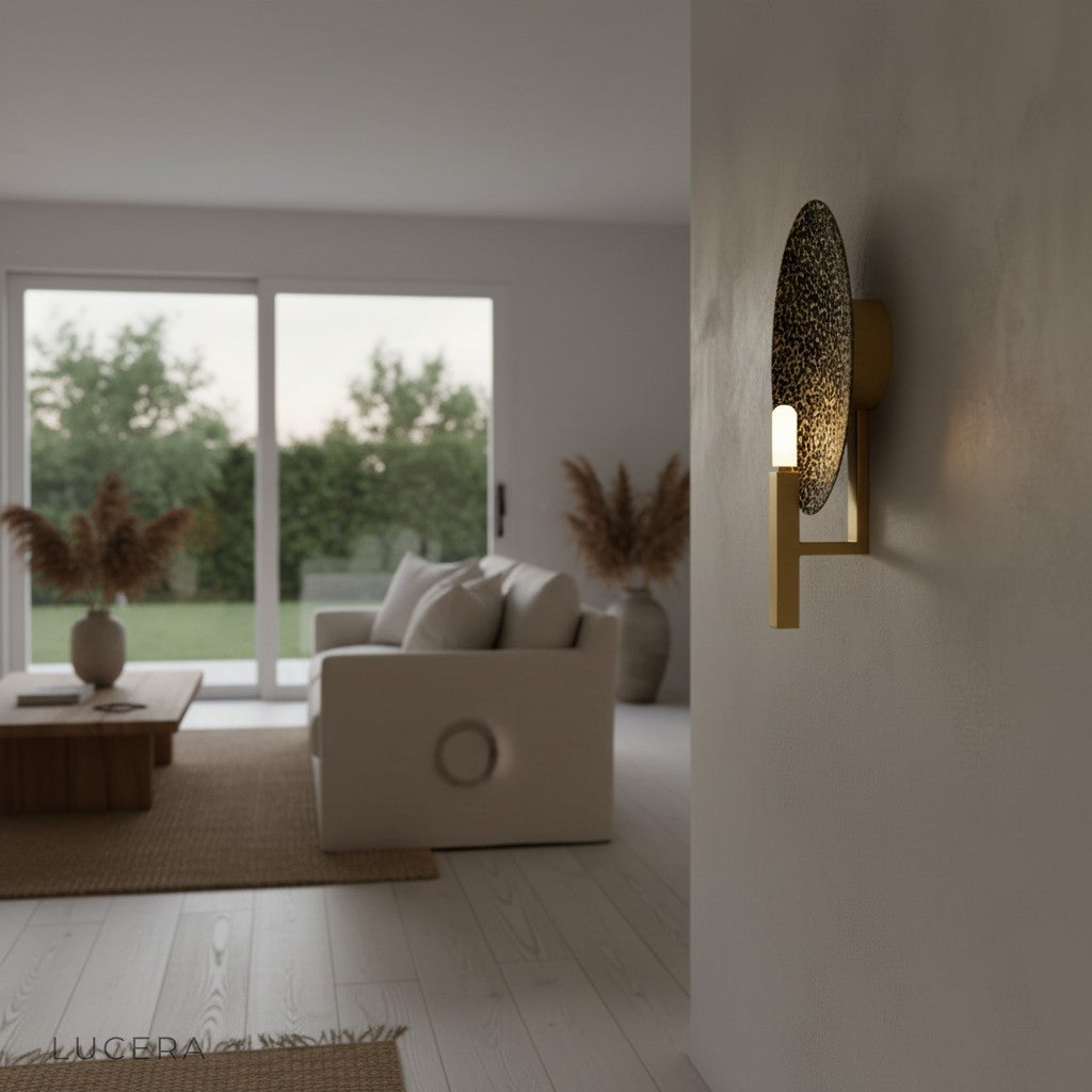 damp-rated Scotia wall lamp mounted on bathroom vanity with warm glow