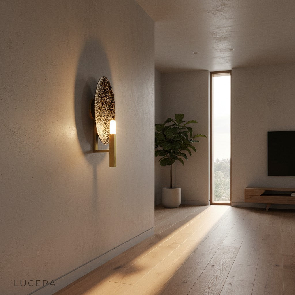 Scotia oval wall lamp above bedside table with book and ceramic vase