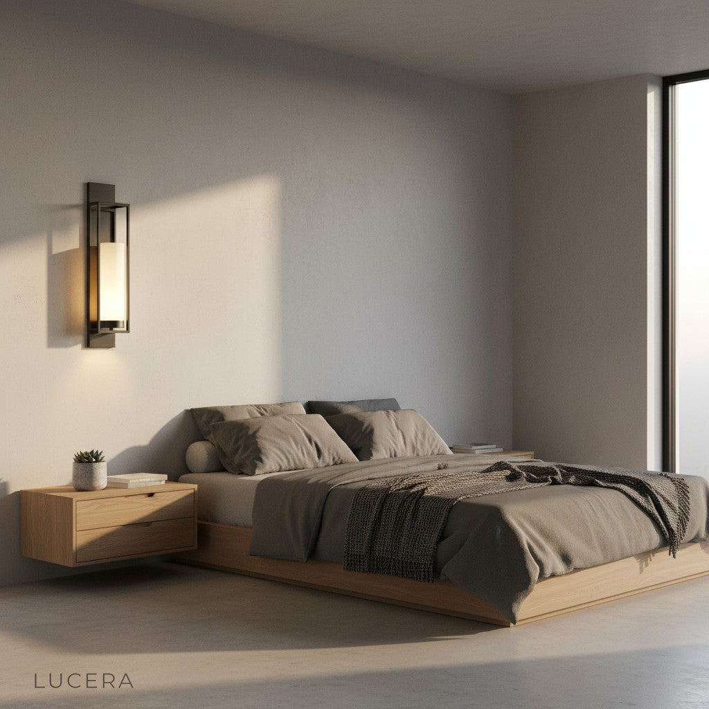 Palace style sconce with cool glow in chic minimalist dining room setting