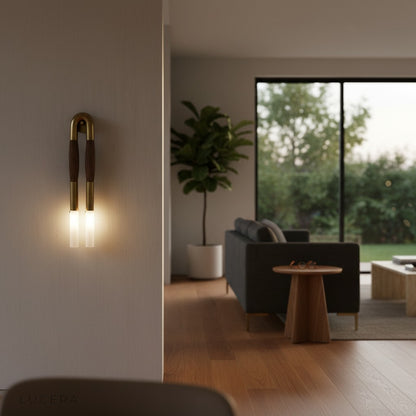 Regula wall lamp with E14 bulb glowing in dim hallway at dusk