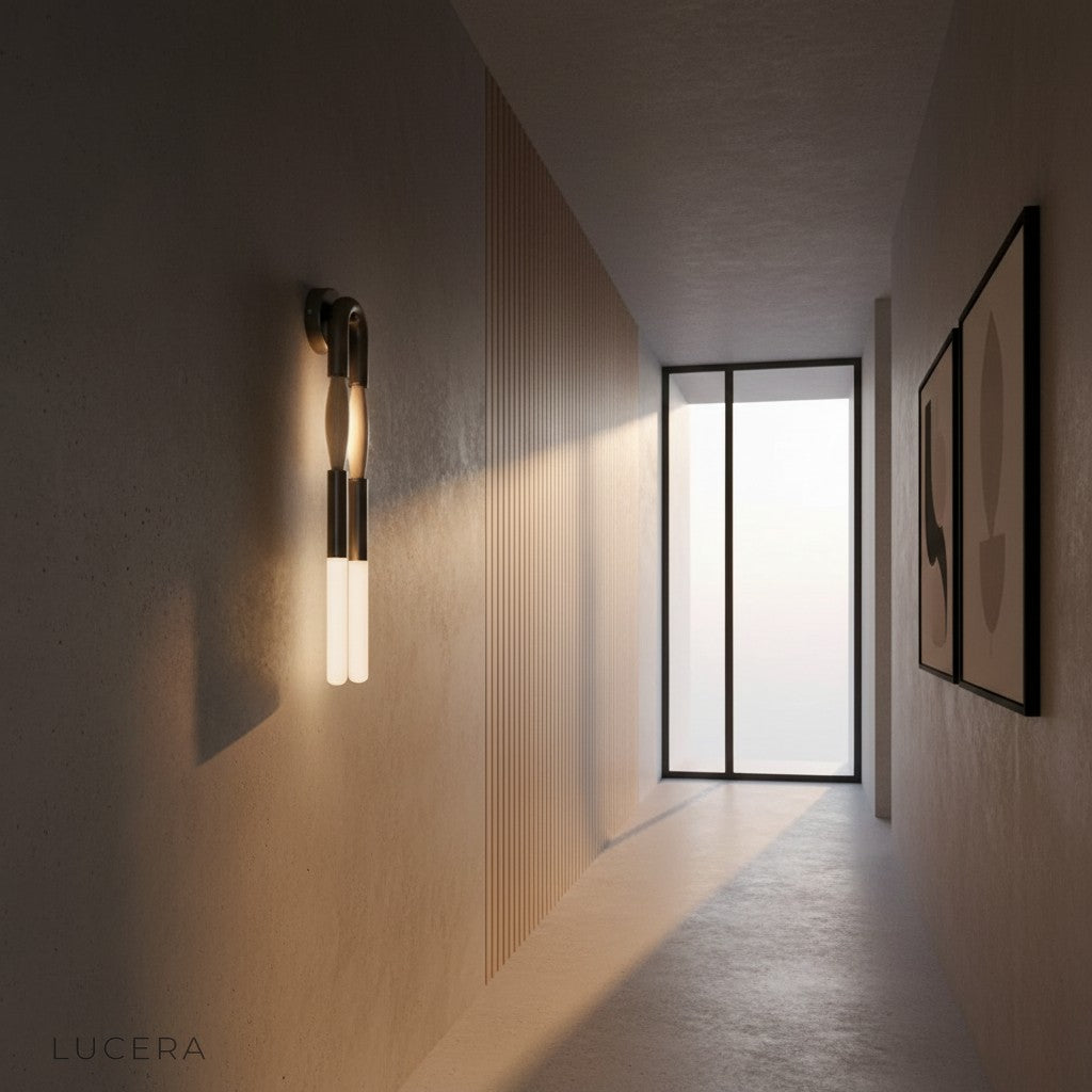 Regula black lamp illuminated in modern corridor with IP44 rated fixture