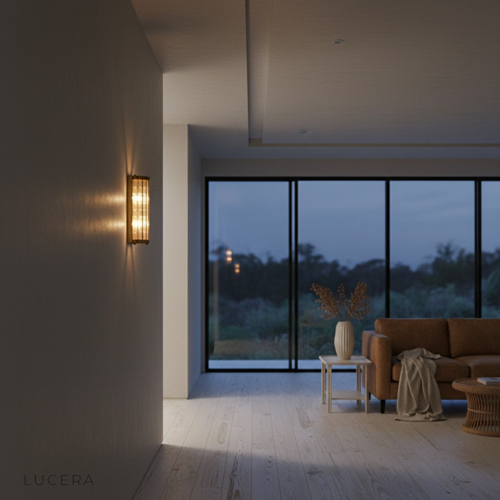 Copper and glass wall light casting layered glow in modern dining room setting