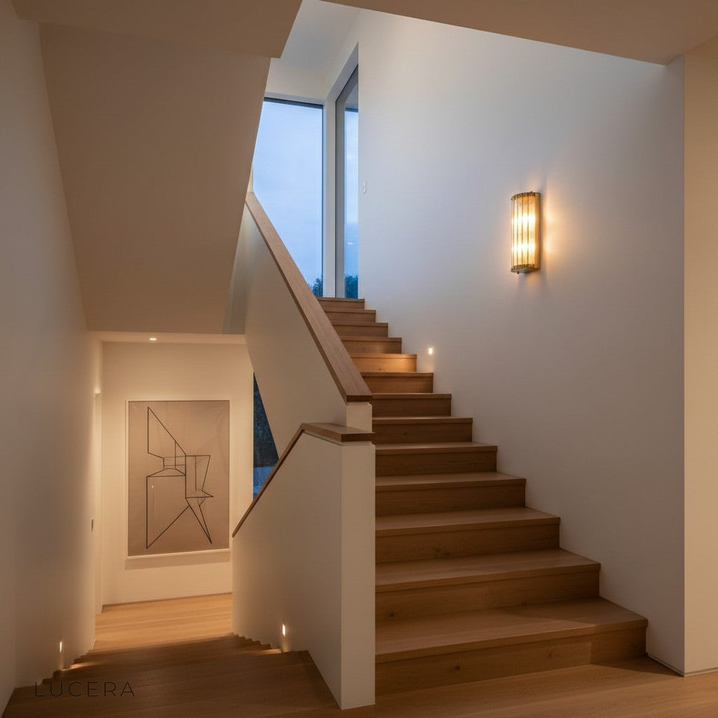 Guttae wall lamp at night creating atmospheric retreat in minimalist lounge