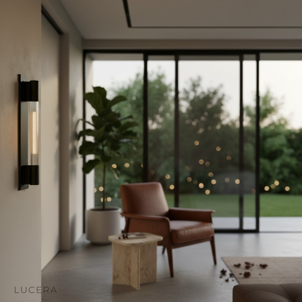 Detail shot of Verve lamp's clean geometric silhouette and premium iron texture