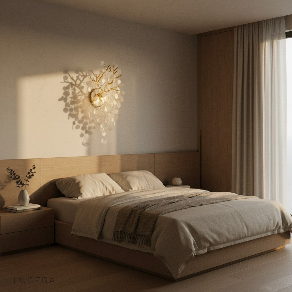 sculptural glass disc wall light casting patterned shadows in an entryway at dusk