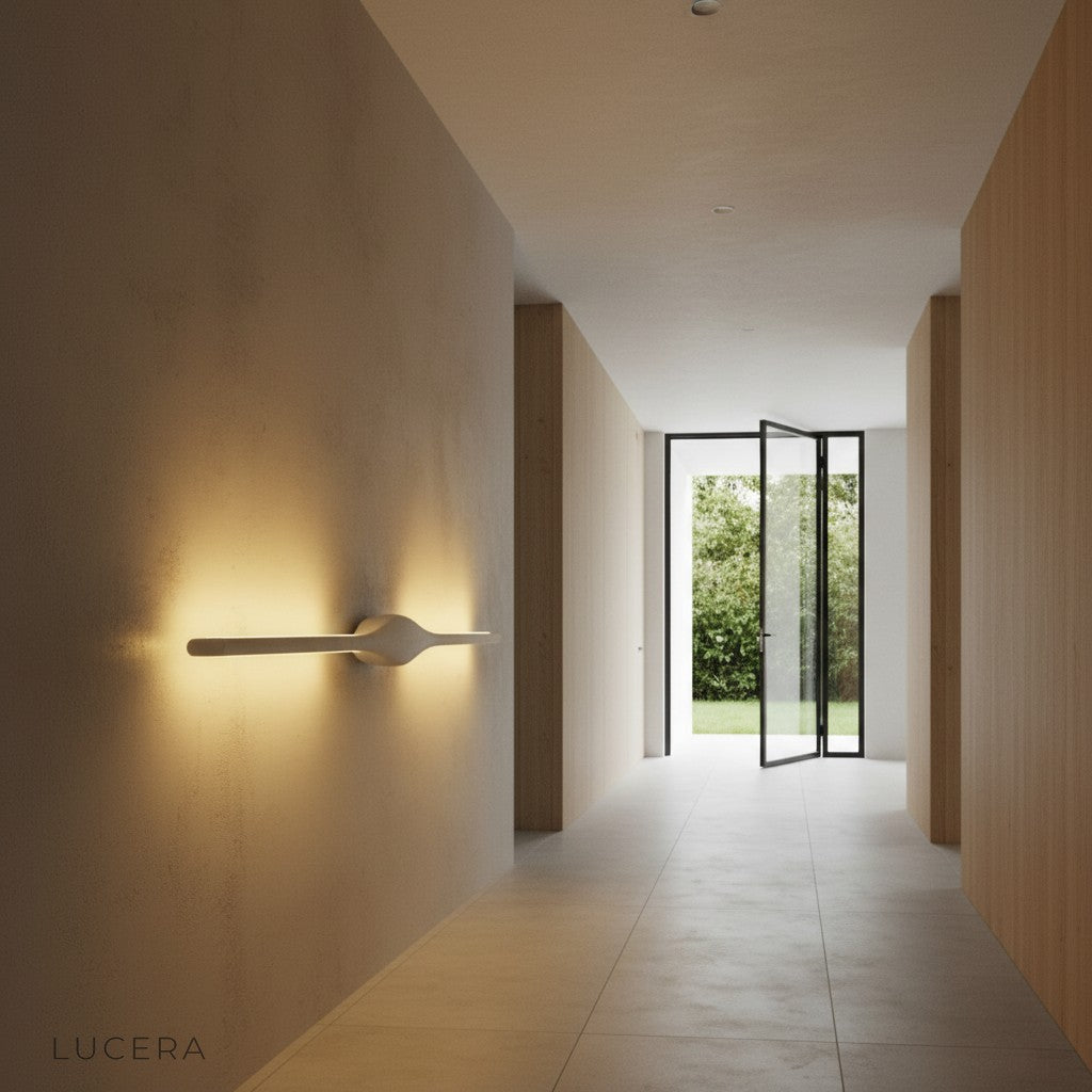 Elan wall lamp at dusk casting warm light on a contemporary entryway wall