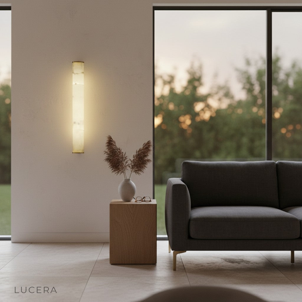 Ethos marble sconce casting soft ambient glow in cozy bedroom with neutral tones