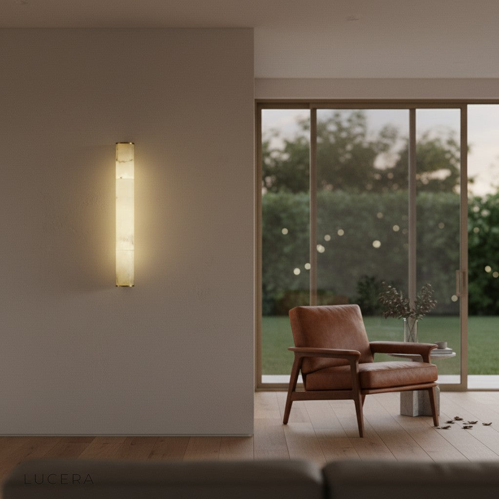 Nighttime lifestyle shot of Lucera wall lamp illuminating hallway with elegant Oriental silhouette