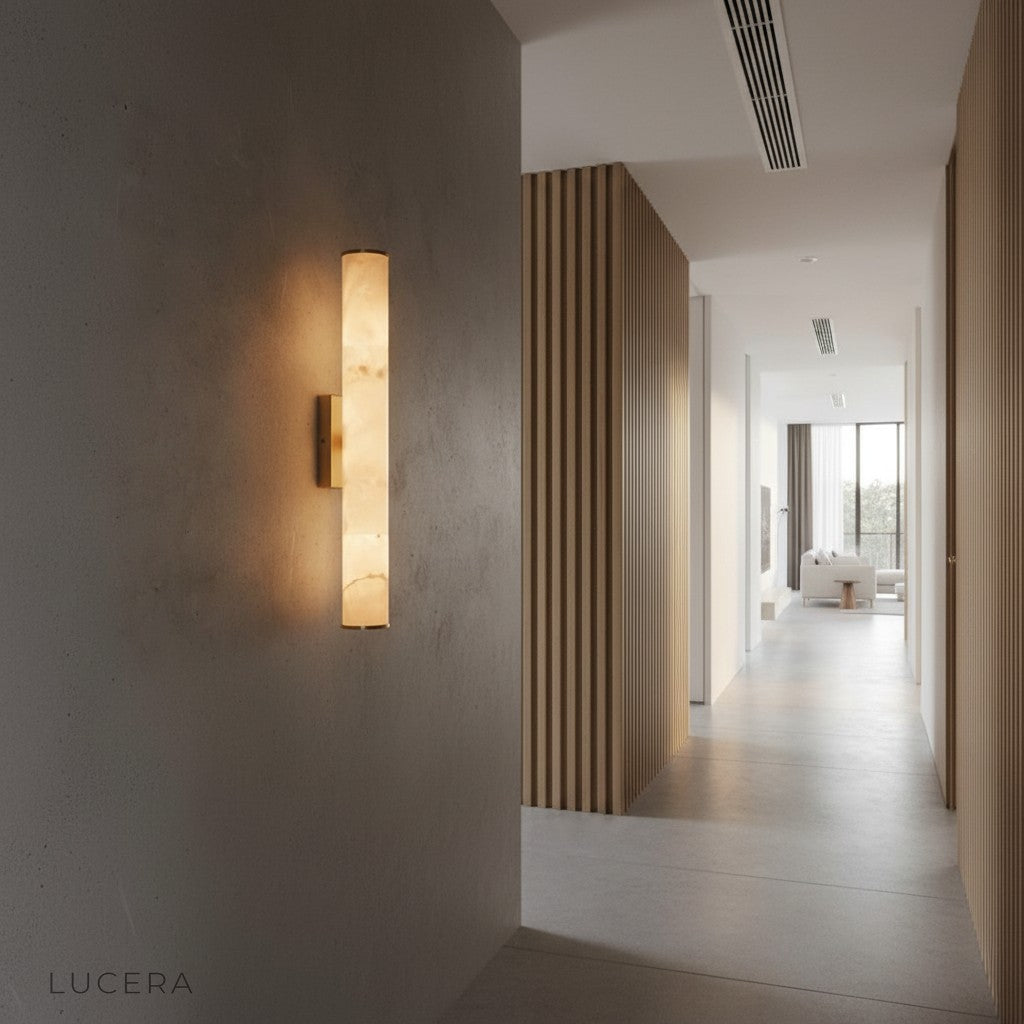 Ethos wall lamp paired with wooden console and ceramic decor in serene Asian-inspired setting