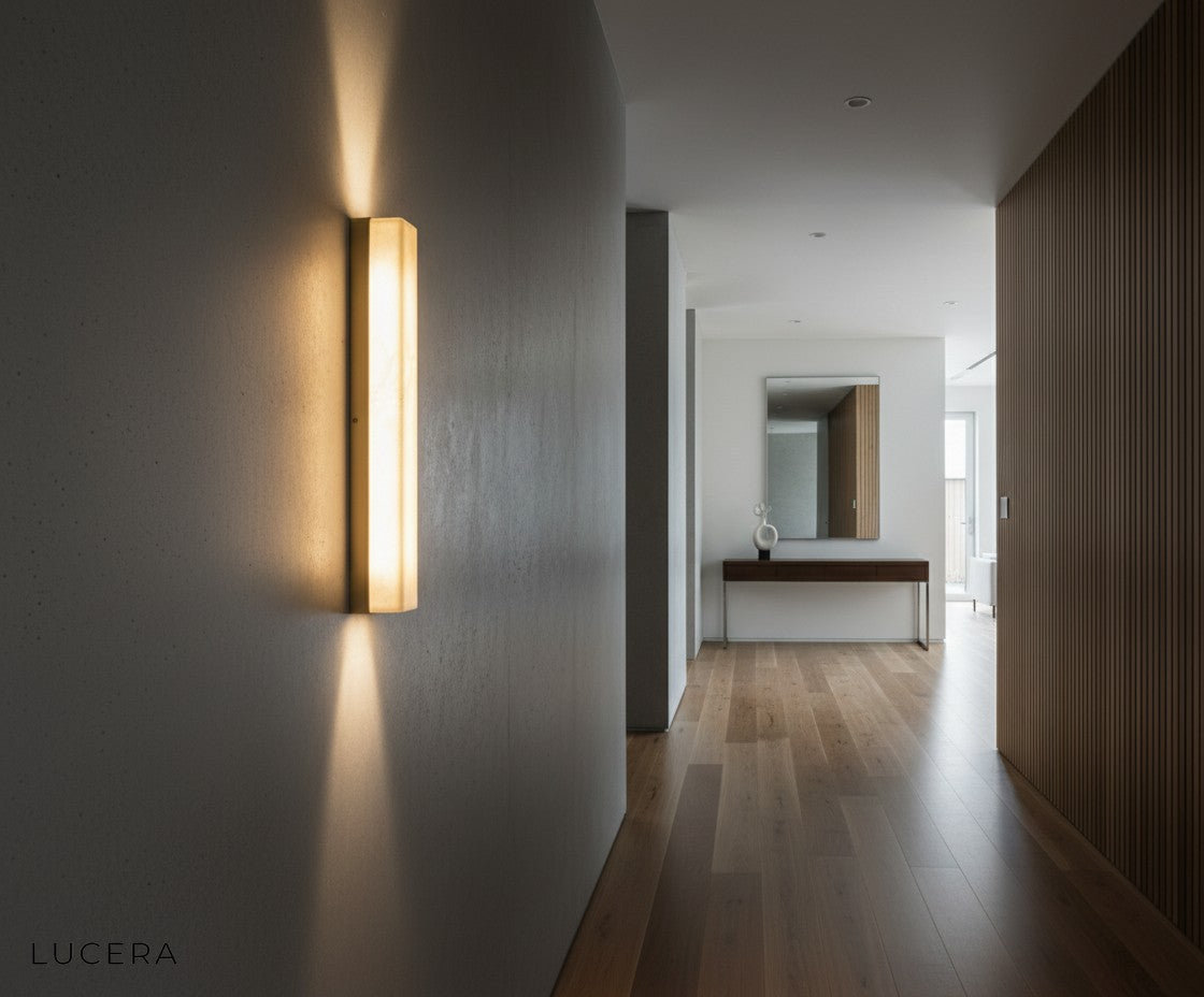 Nexus lamp at dusk with warm glow highlighting natural stone veining in hallway