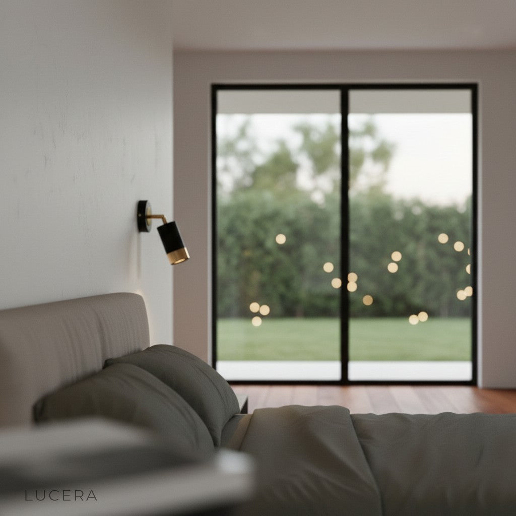 sculptural iron wall lamp with spiral design in minimalist corridor at dusk