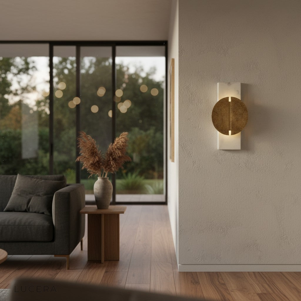 luxury copper marble sconce mounted above bedside table in cozy bedroom