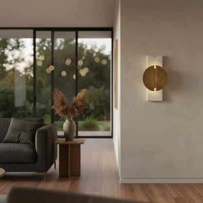 luxury copper marble sconce mounted above bedside table in cozy bedroom