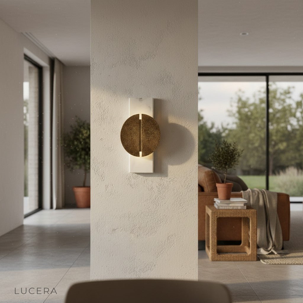 nighttime ambient shot of marble wall lamp casting soft shadows in hallway