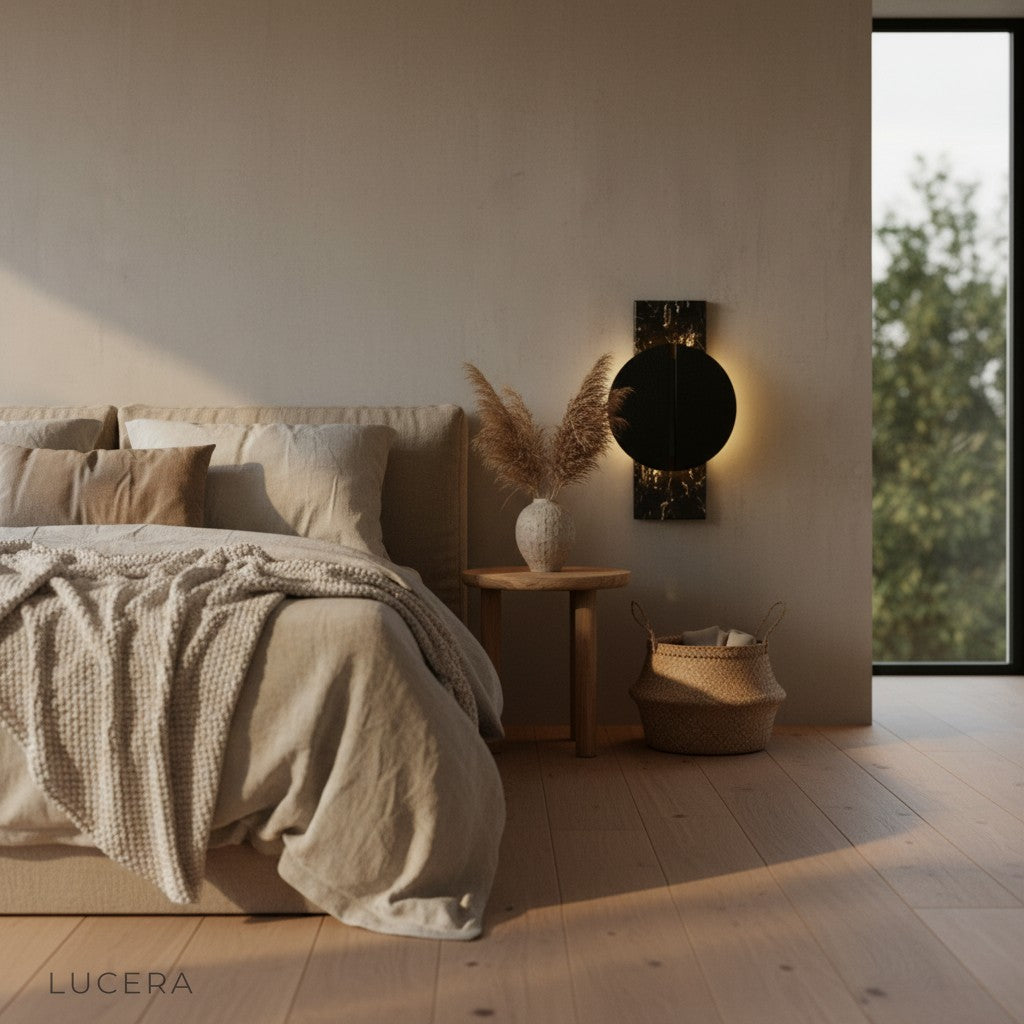 minimalist bedroom with polished copper marble sconce as accent lighting